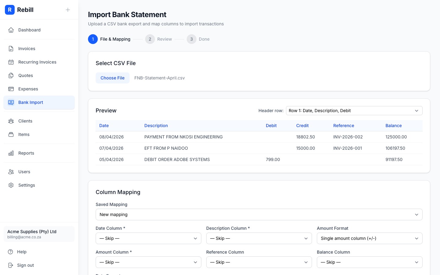 bank import column mapping