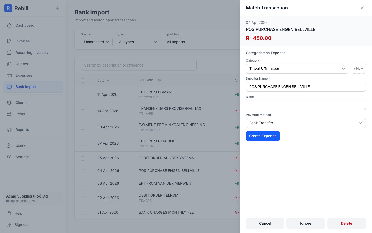 bank import expense category