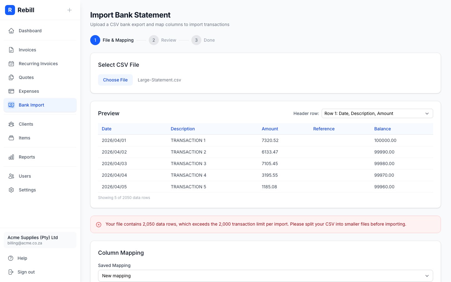 Warning shown when a CSV has more than 2 000 transactions