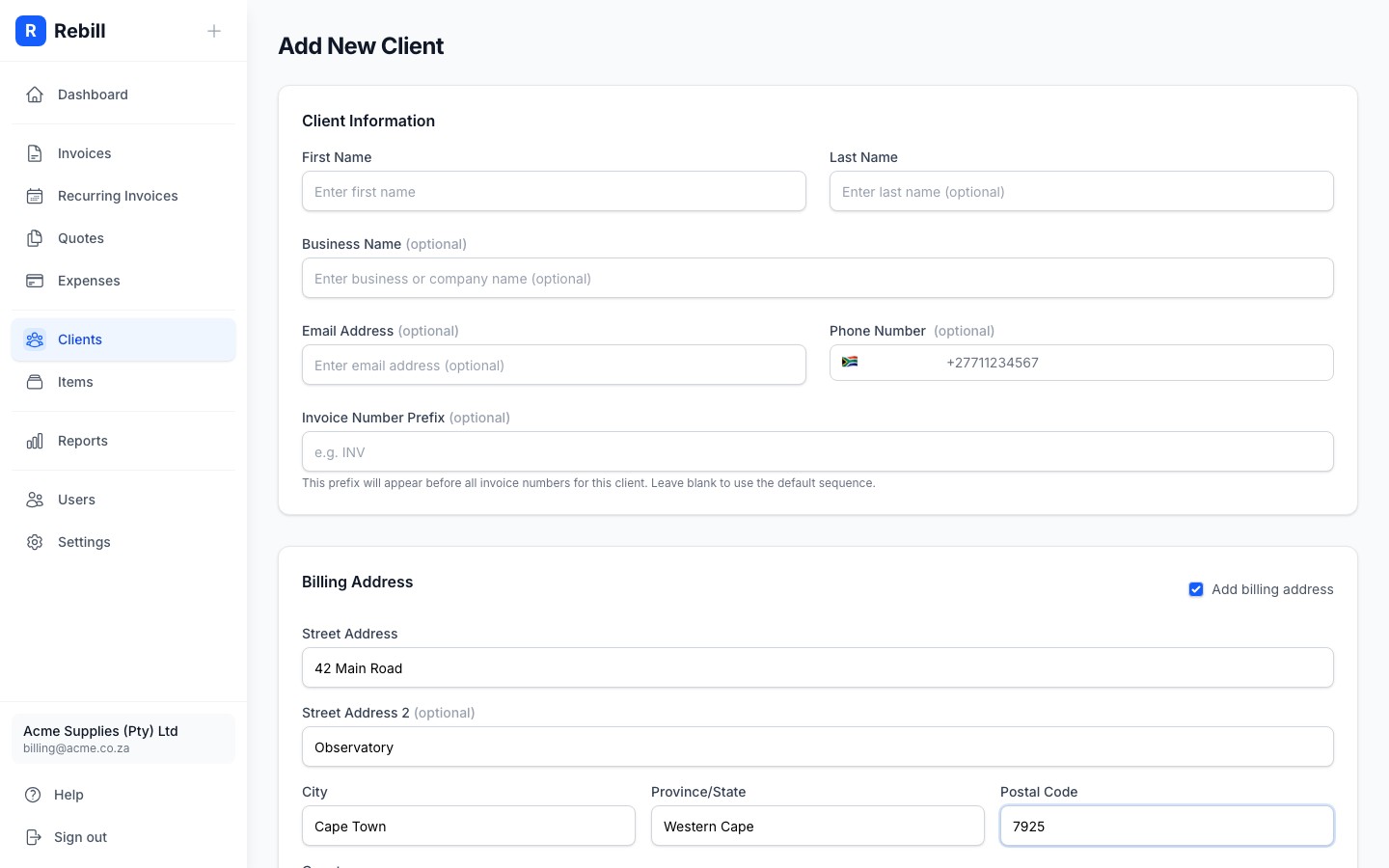 client add billing address