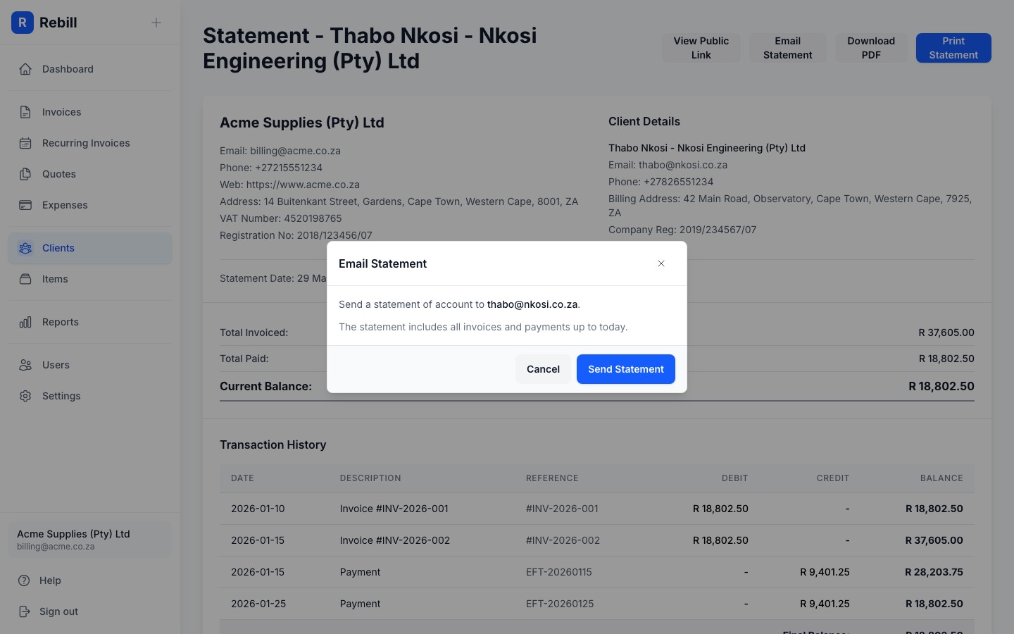 client email statement