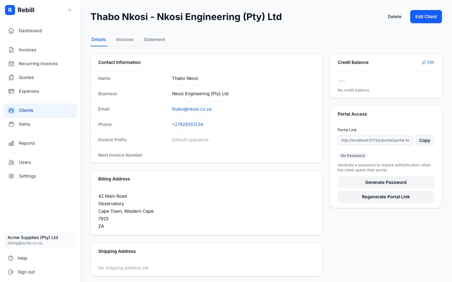 client portal access section