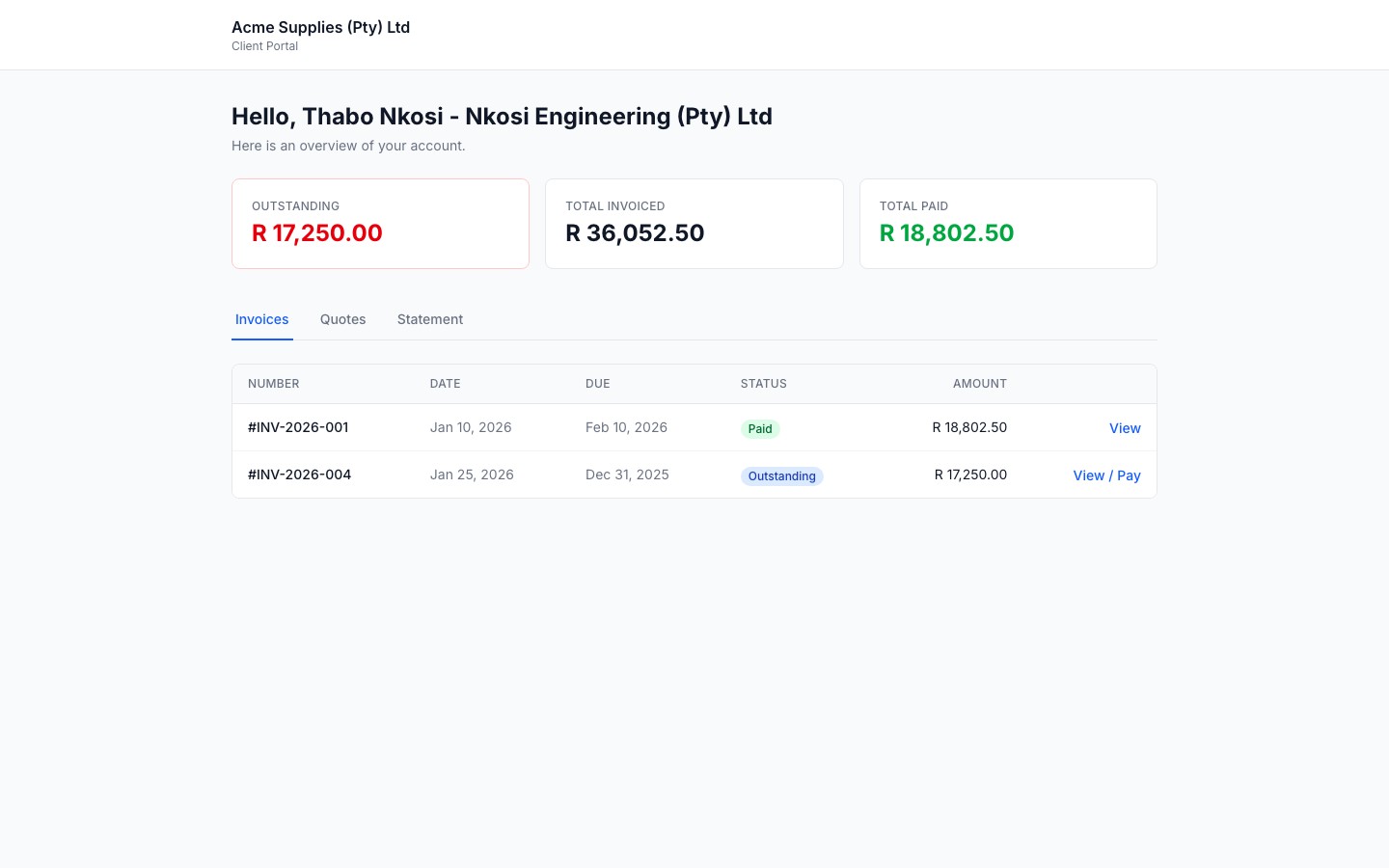 Client portal showing the invoices tab
