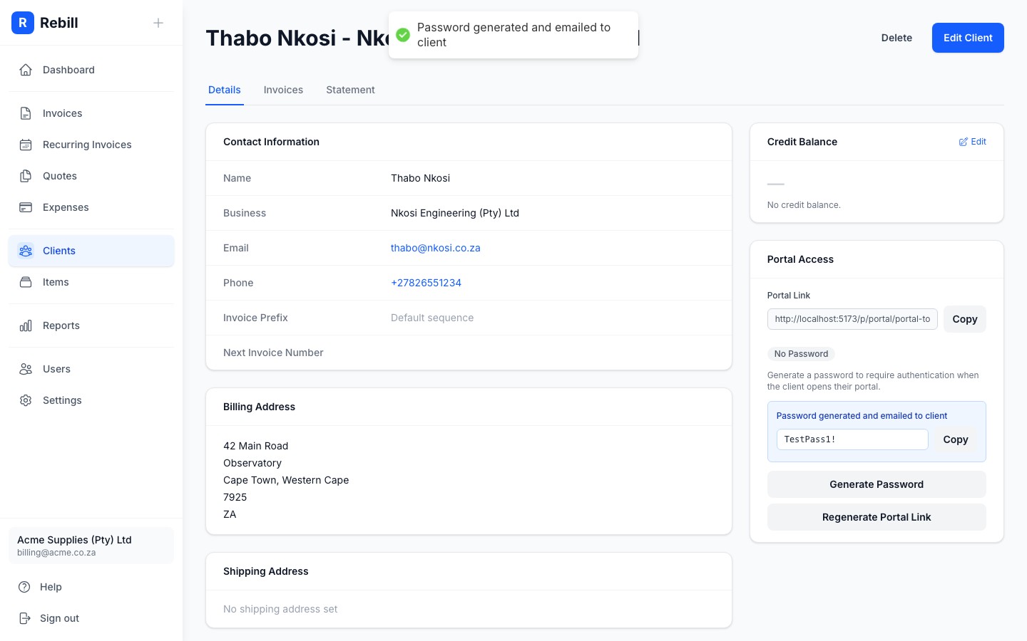 client portal password generated