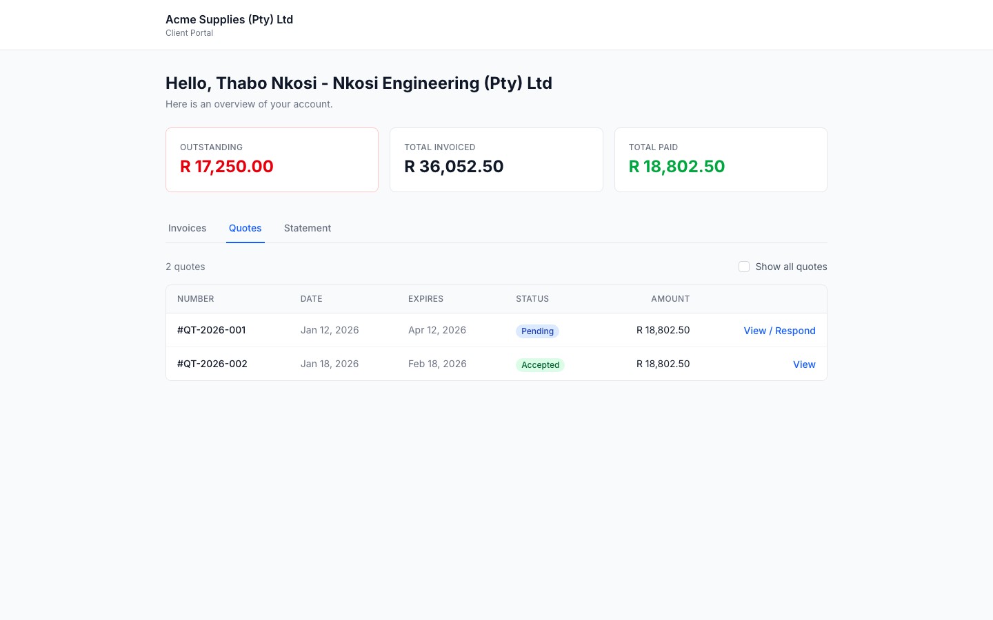 Client portal quotes tab showing active quotes