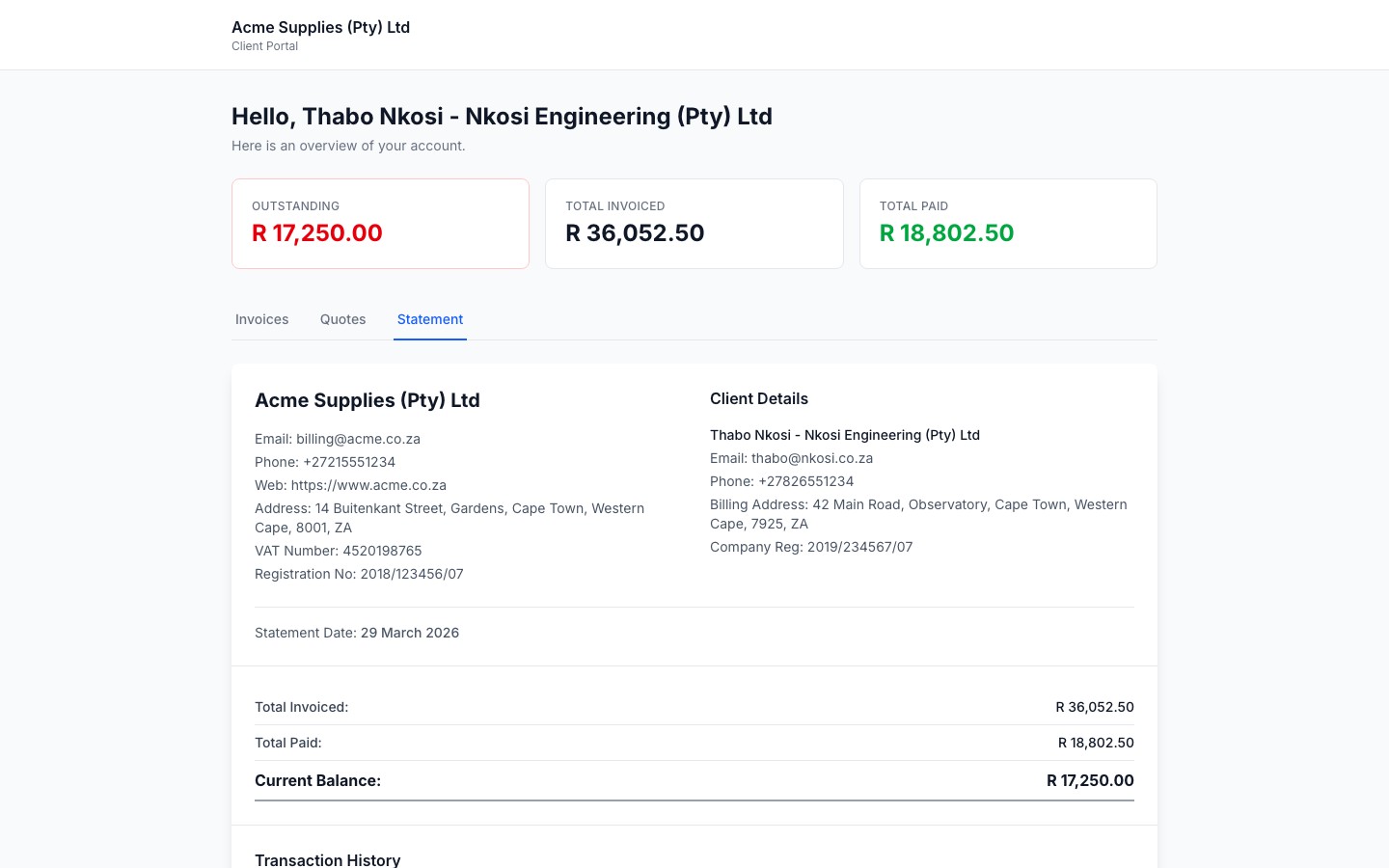 Client portal statement tab showing full account history