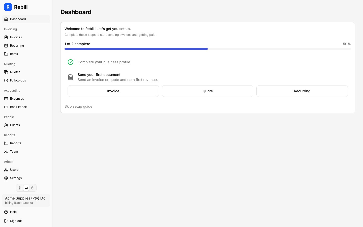 First-run dashboard showing the setup checklist with business profile and first document steps
