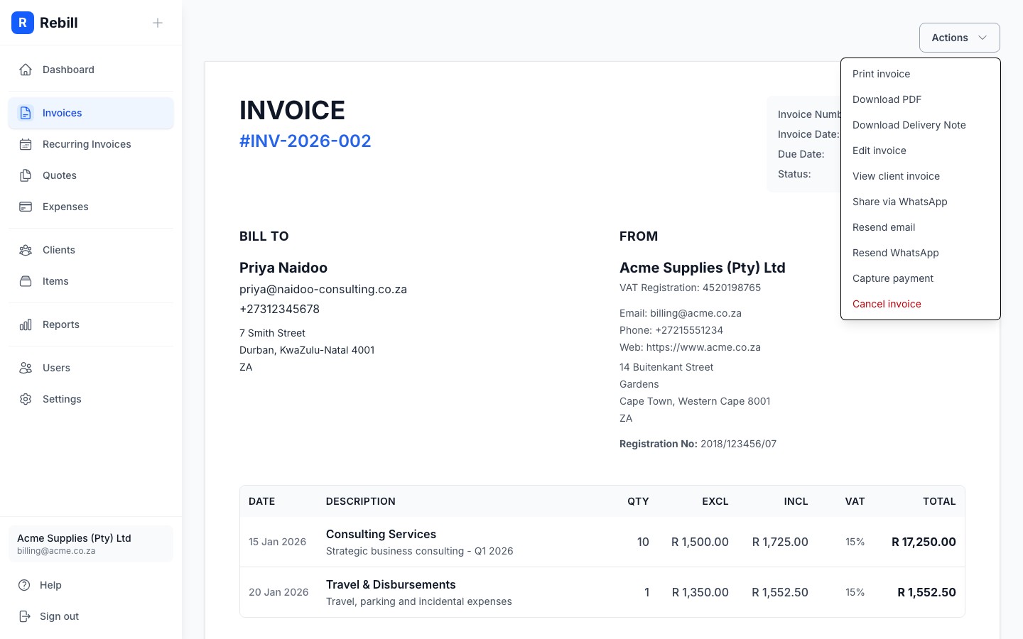 invoice actions cancel