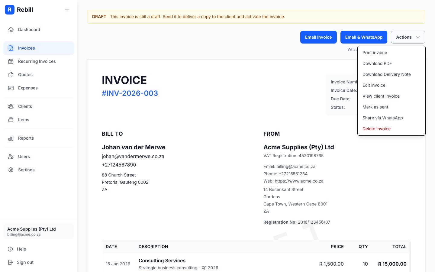 Invoice actions dropdown showing all sending and sharing options