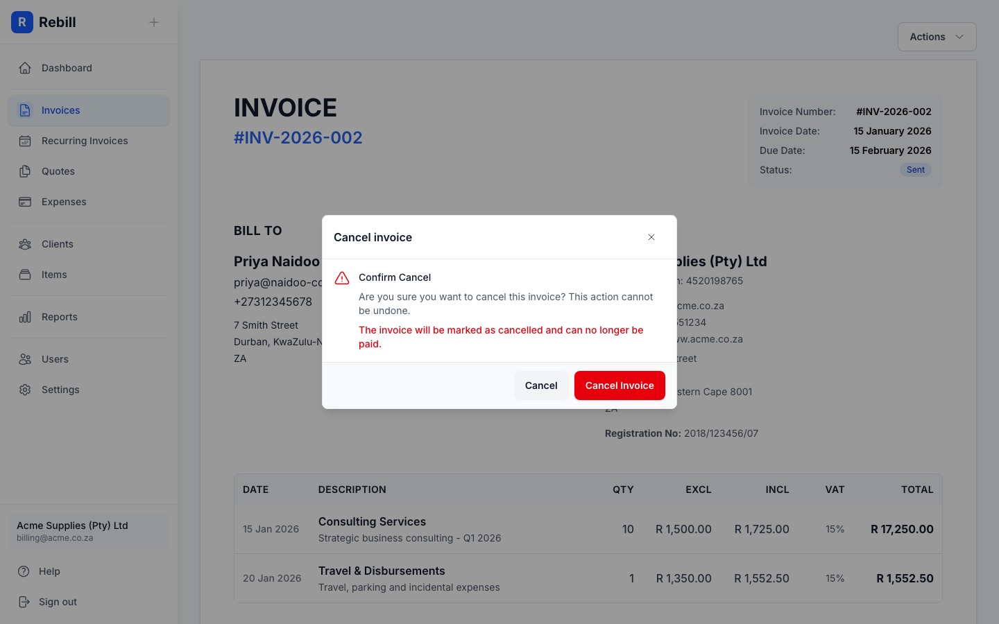 invoice cancel modal