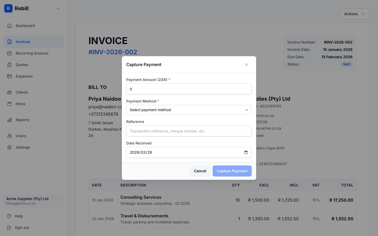 invoice capture payment modal