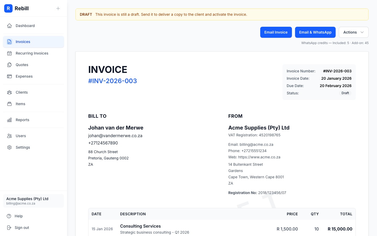 invoice detail whatsapp button