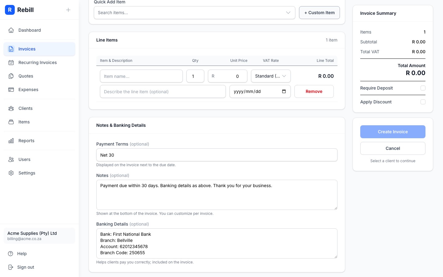 invoice form line items