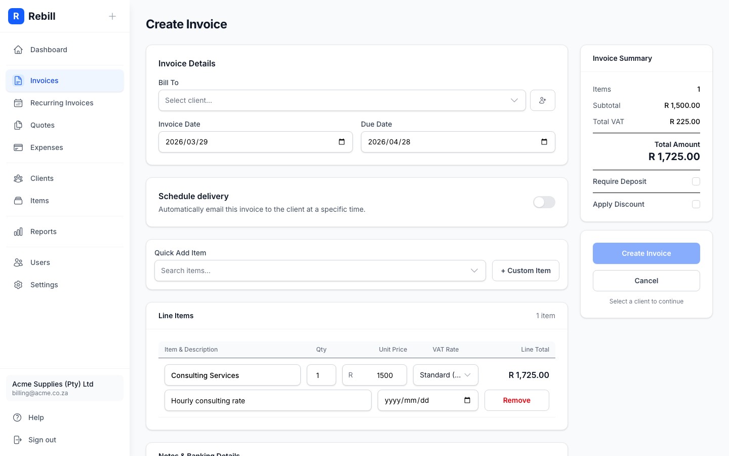 invoice line item filled
