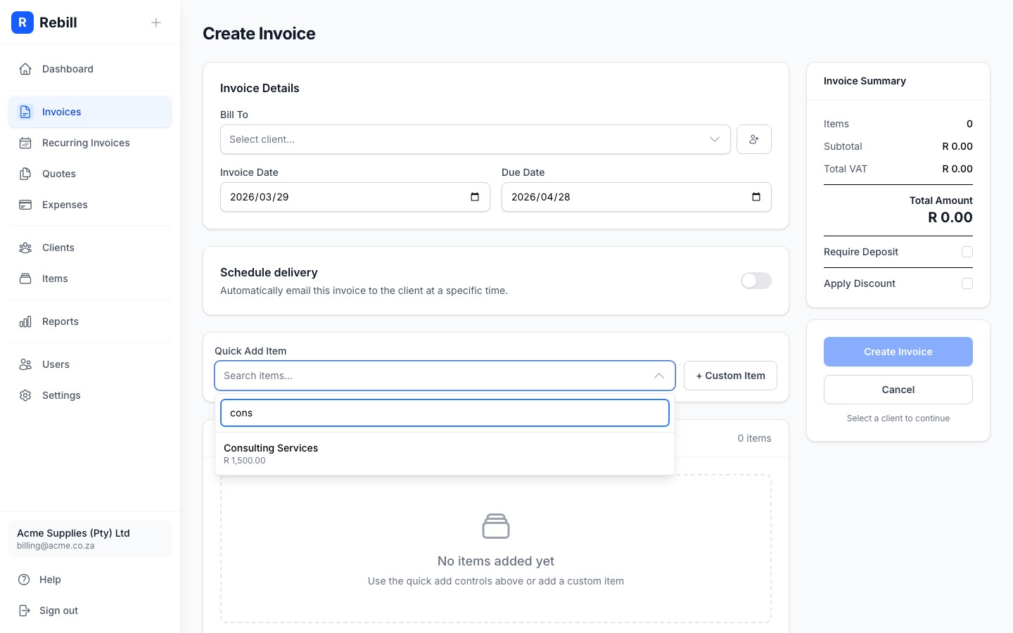 invoice line item search