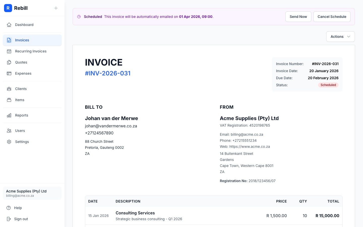 Invoice detail page showing a purple scheduled delivery banner with the date and time