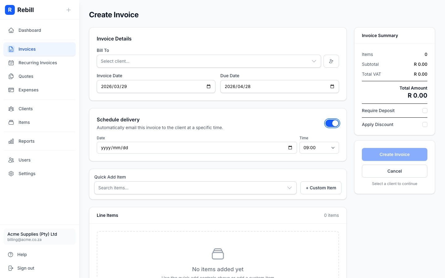 invoice scheduling form enabled