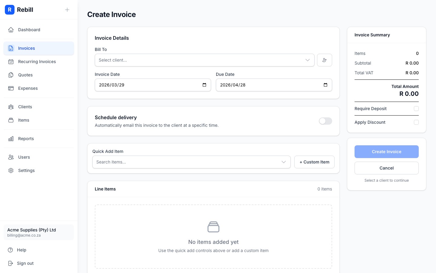 invoice scheduling form section