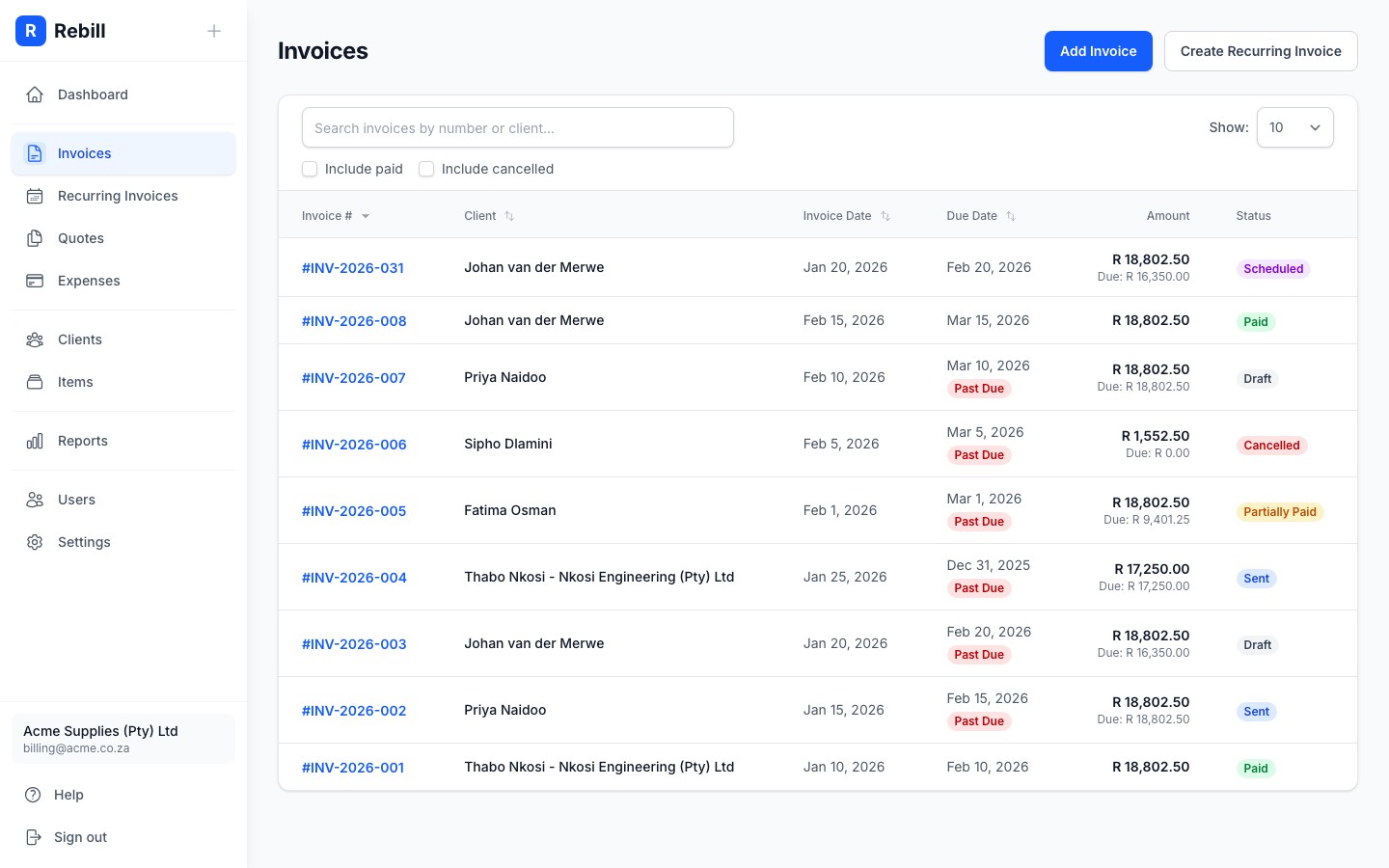 invoice scheduling list badge