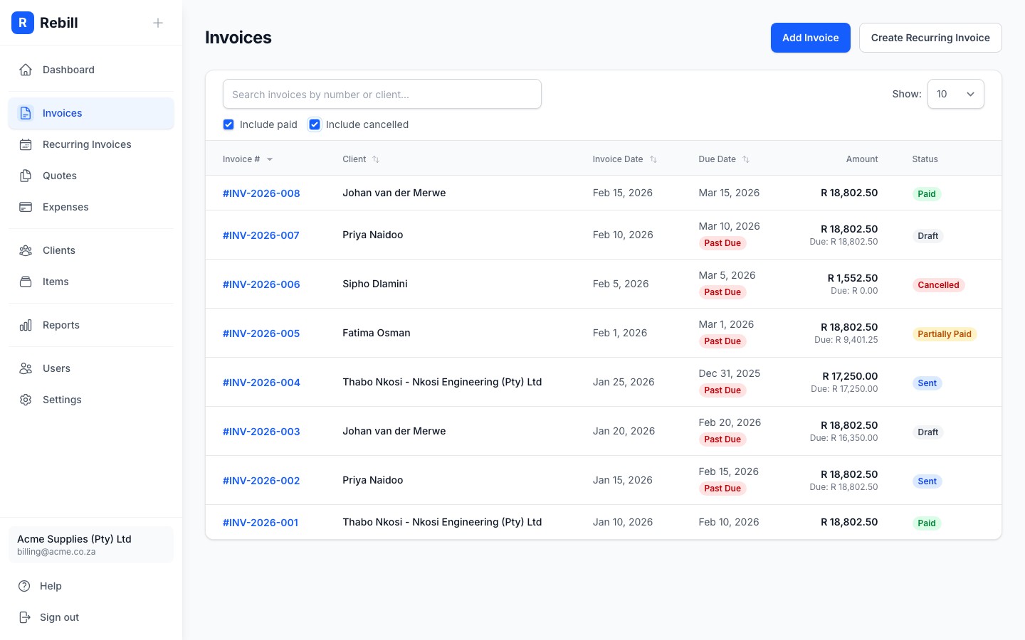Invoice list showing variety of status badges - Draft, Sent, Paid, Partially Paid, Cancelled