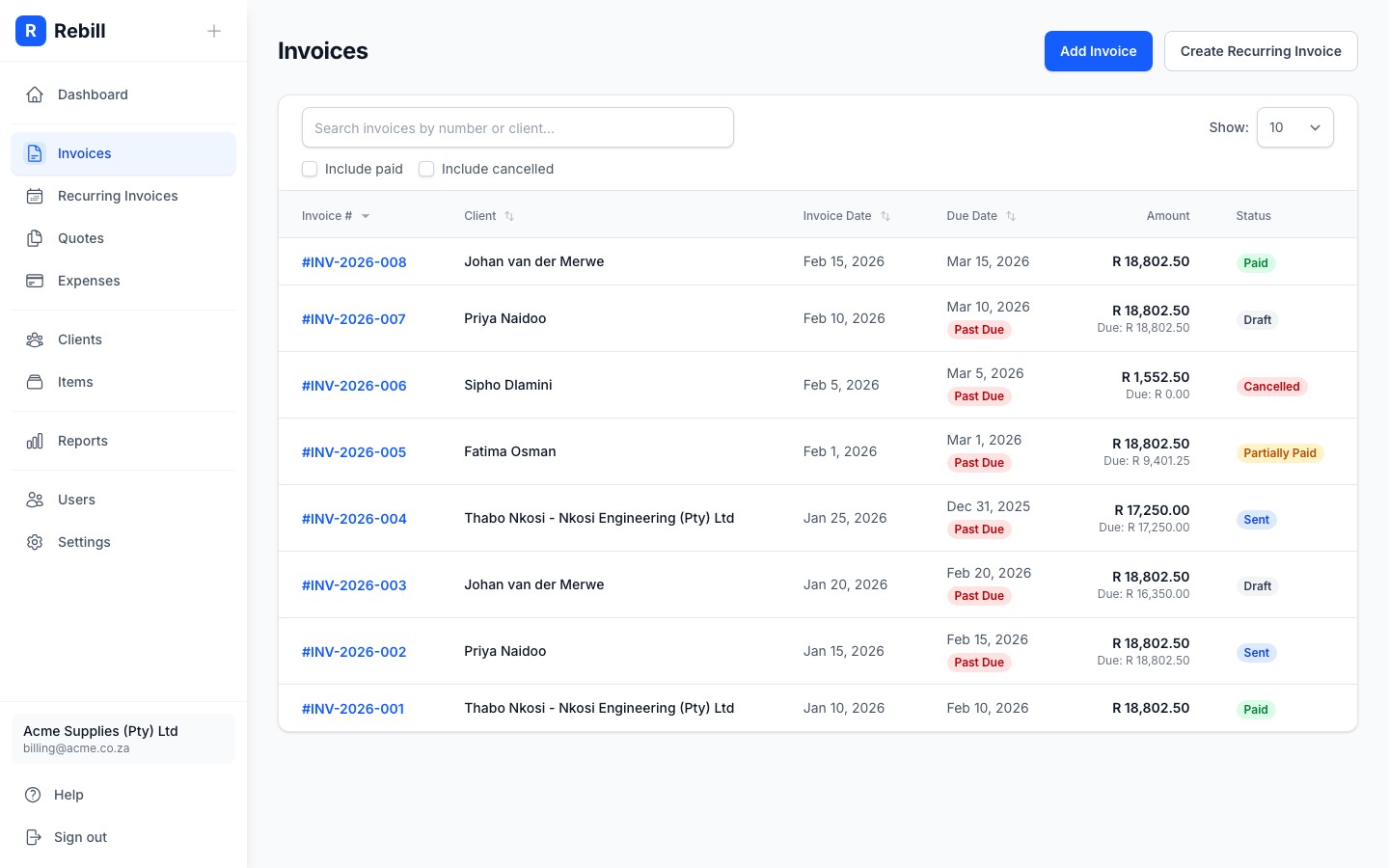 invoices list add button