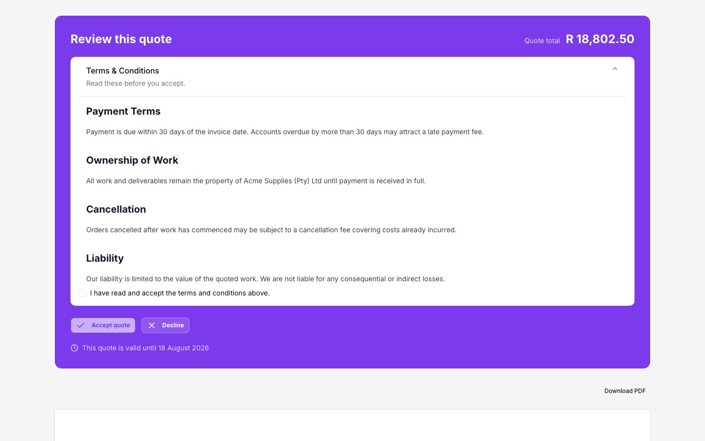 quote accept terms prompt