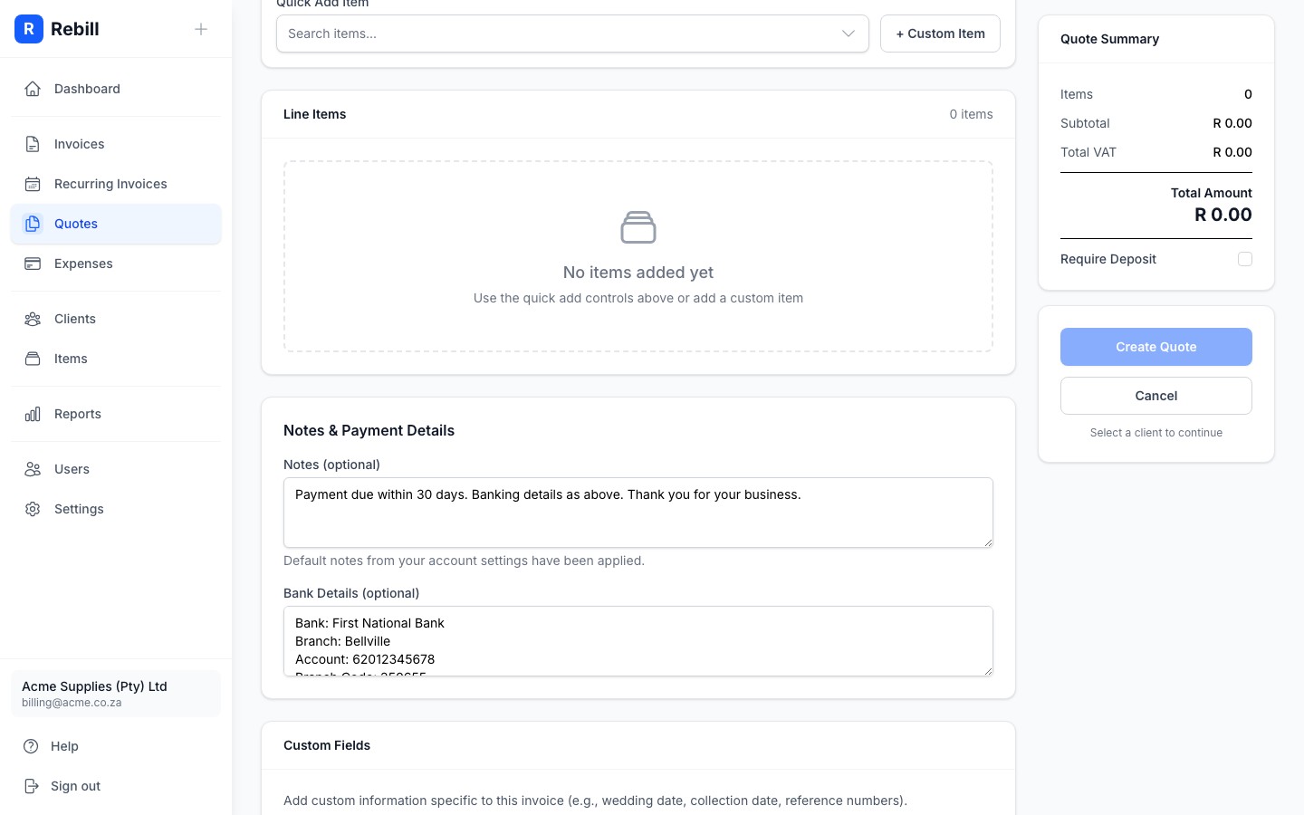 quote form line items