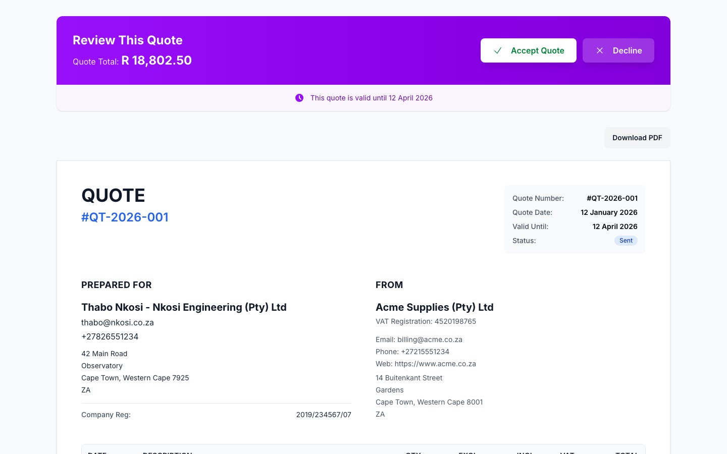 Public quote view showing Accept and Decline buttons at the bottom