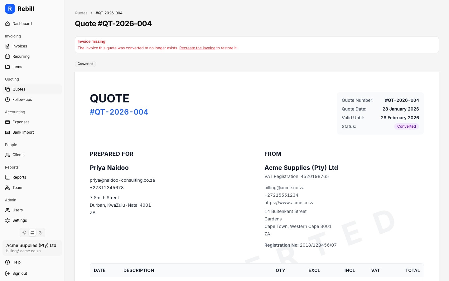 Converted quote showing the Invoice missing alert with a Recreate the invoice link