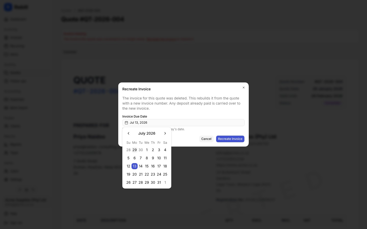 quote recreate invoice modal