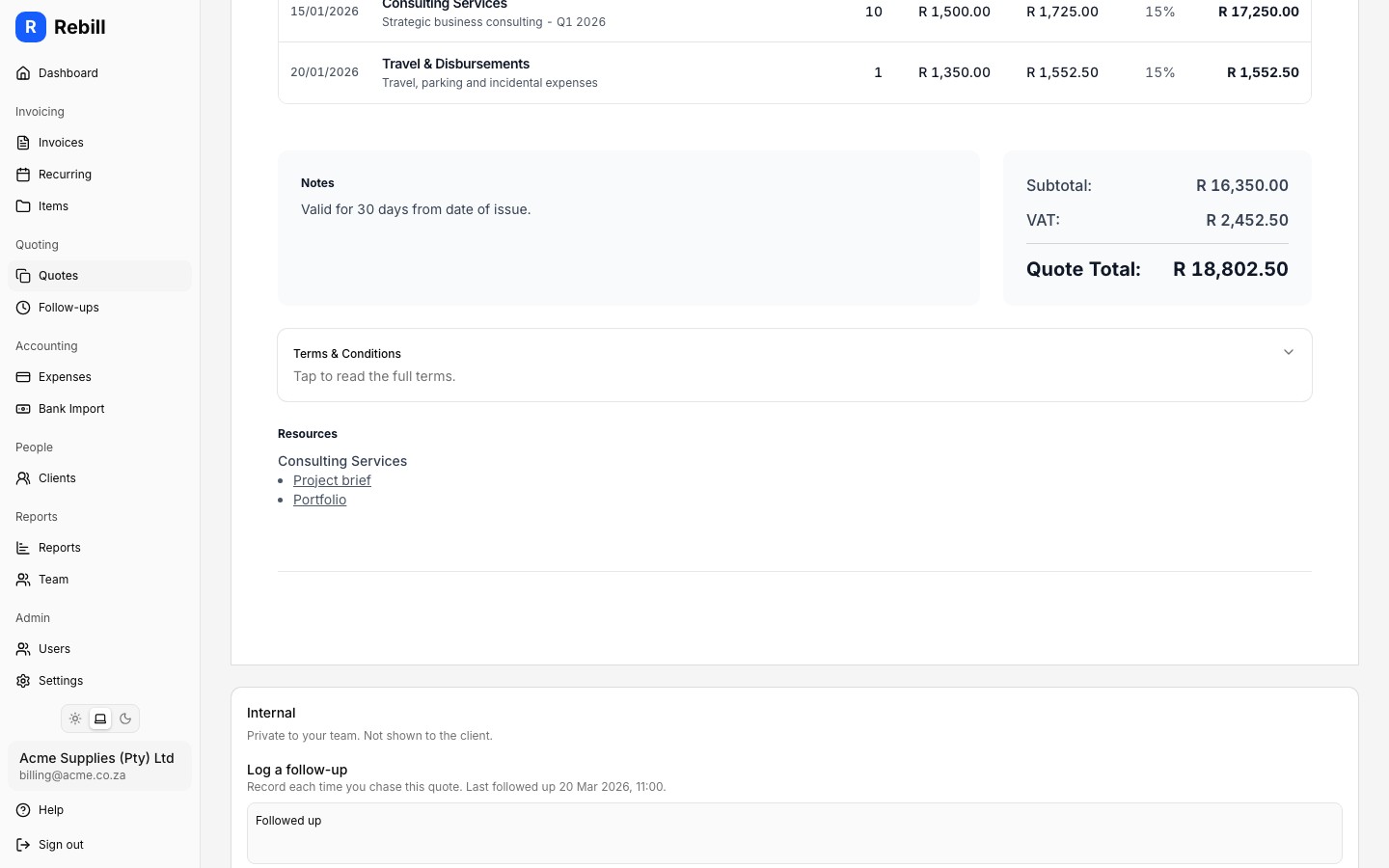 Resources section printed on its own page of a quote PDF