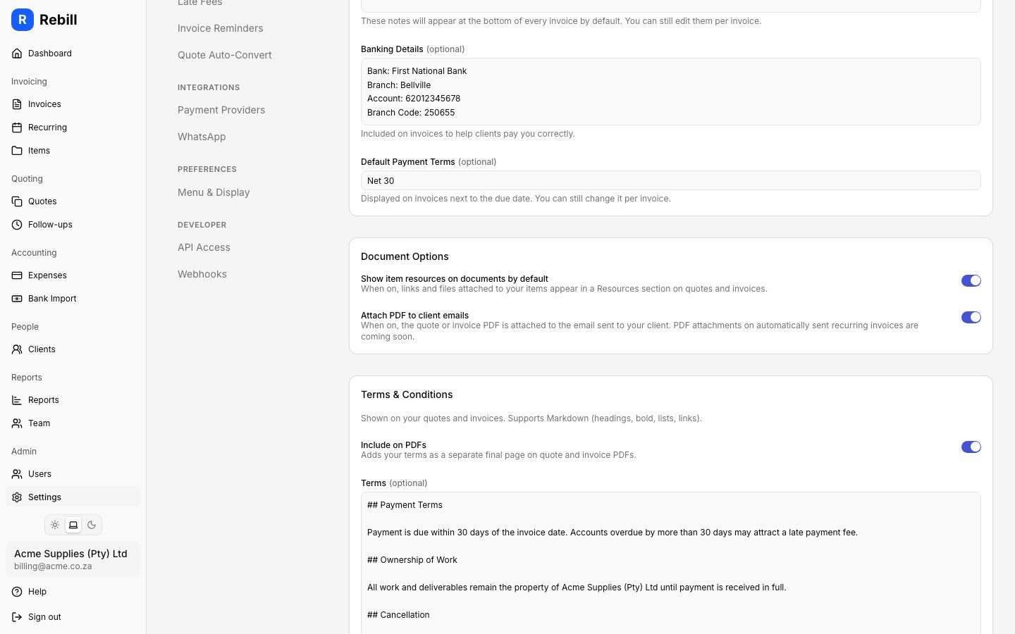 settings attach pdf toggle