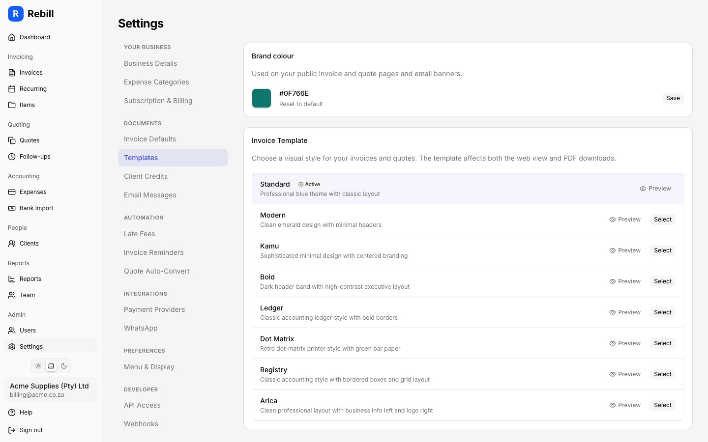 settings brand colour