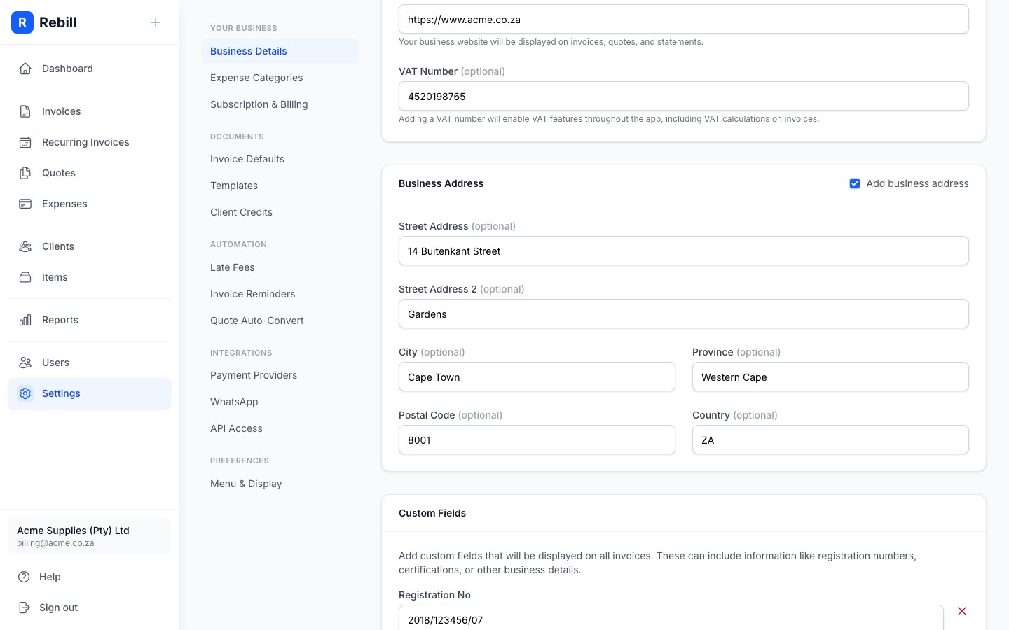 settings business address