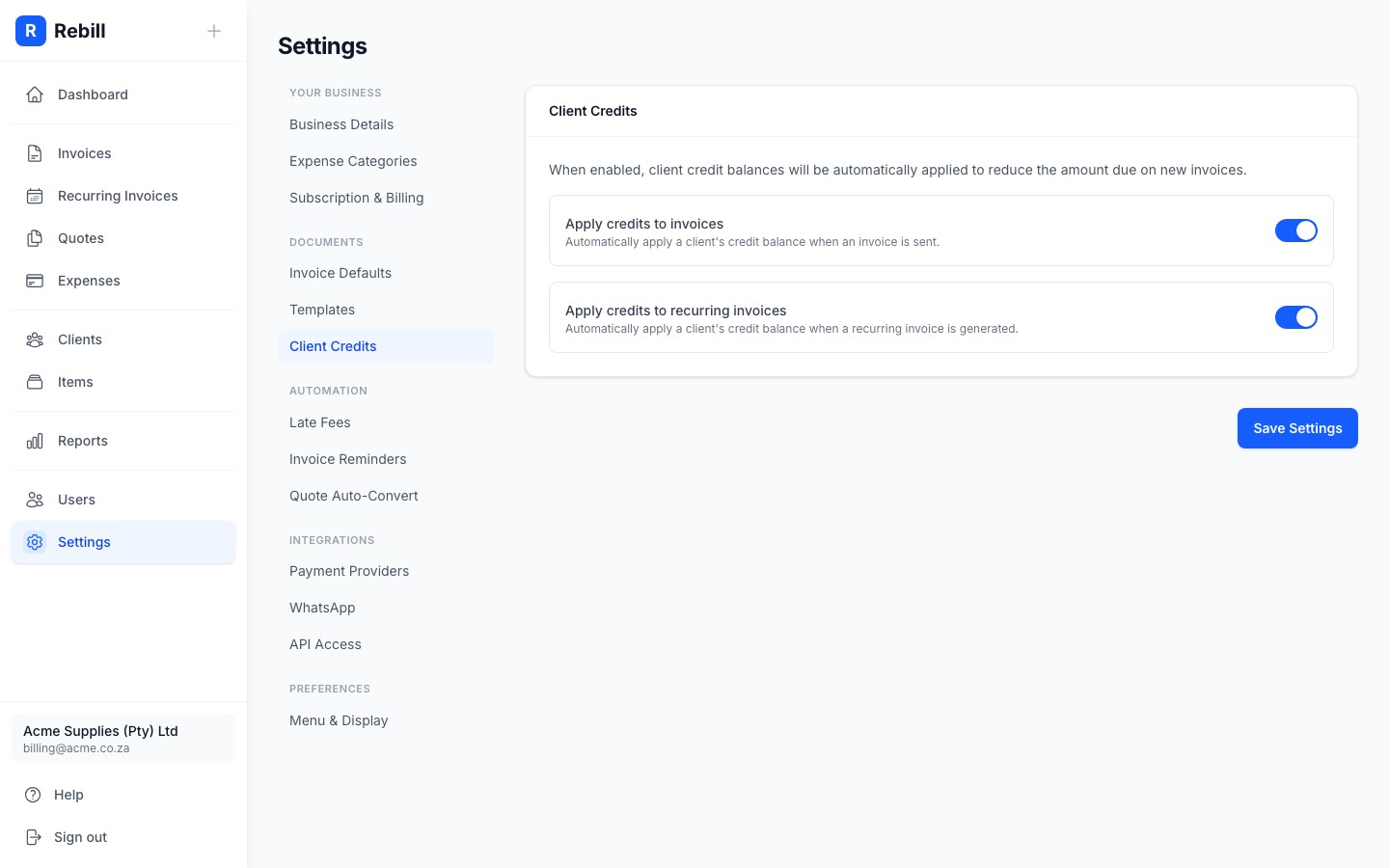 settings client credits