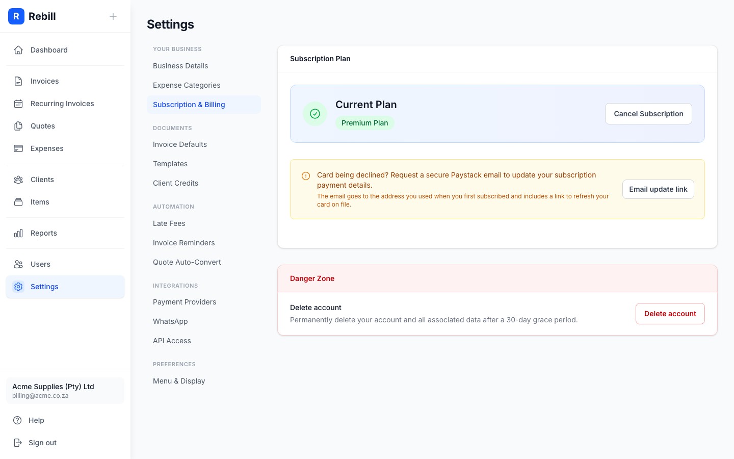 settings danger zone