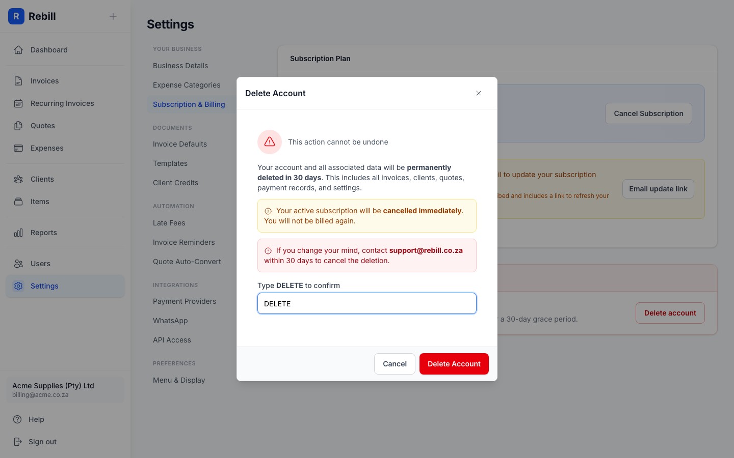 settings delete account confirm