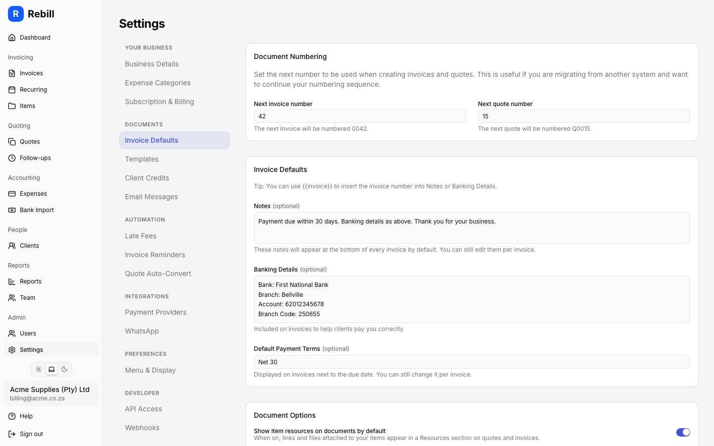 settings document toggles