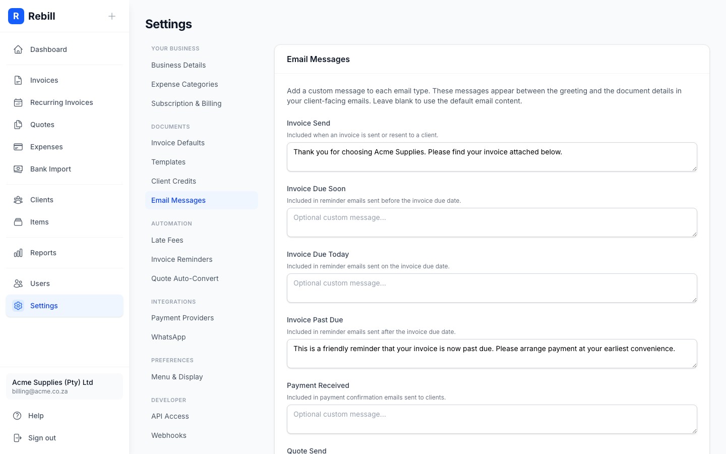 settings email messages filled