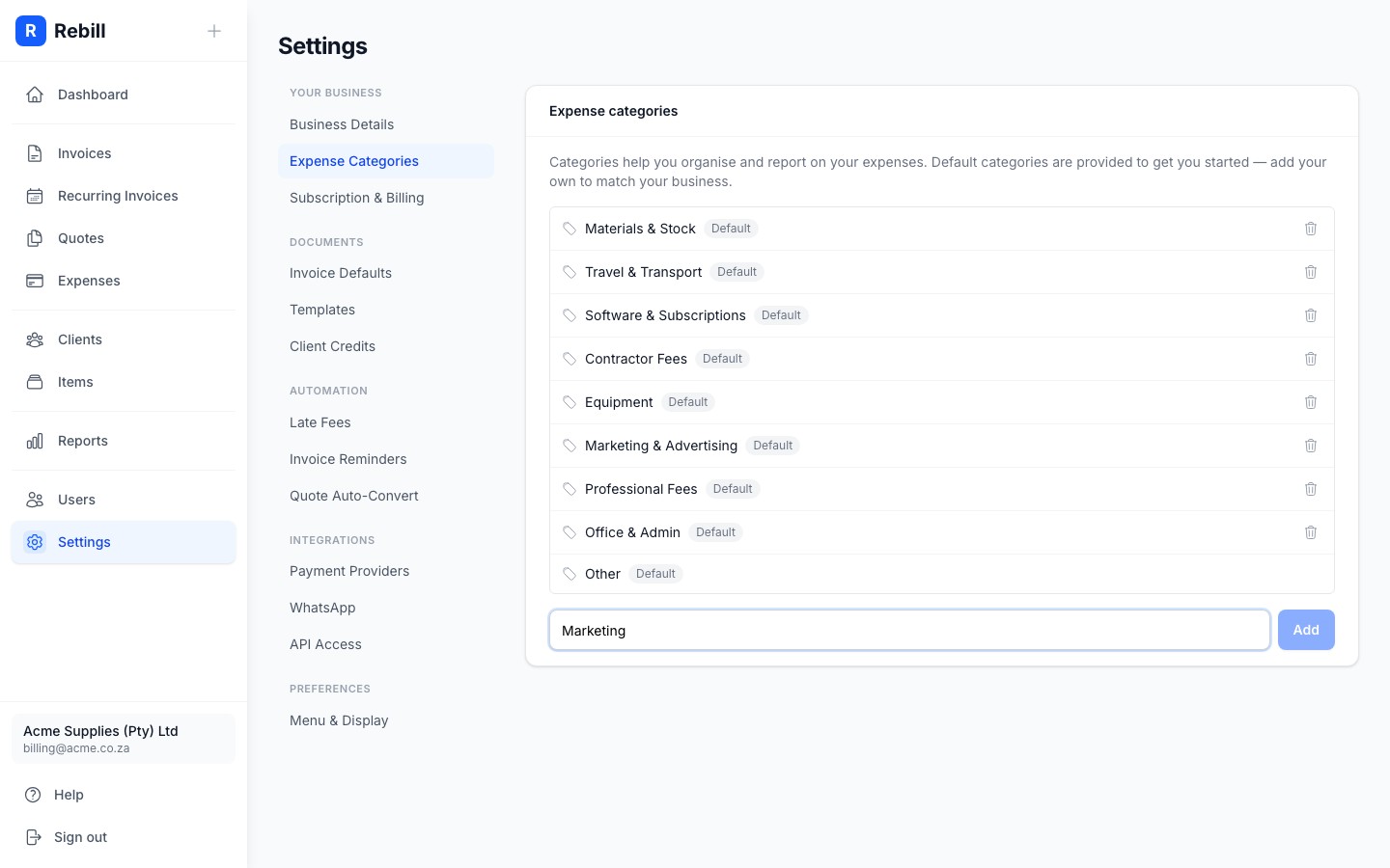 settings expense categories add