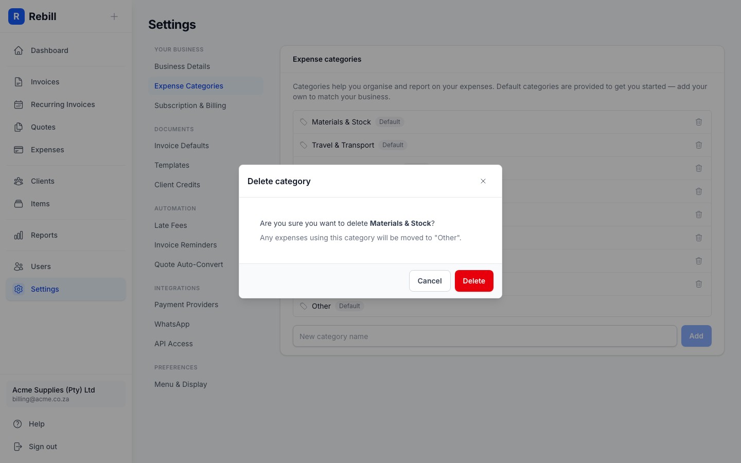 settings expense categories delete