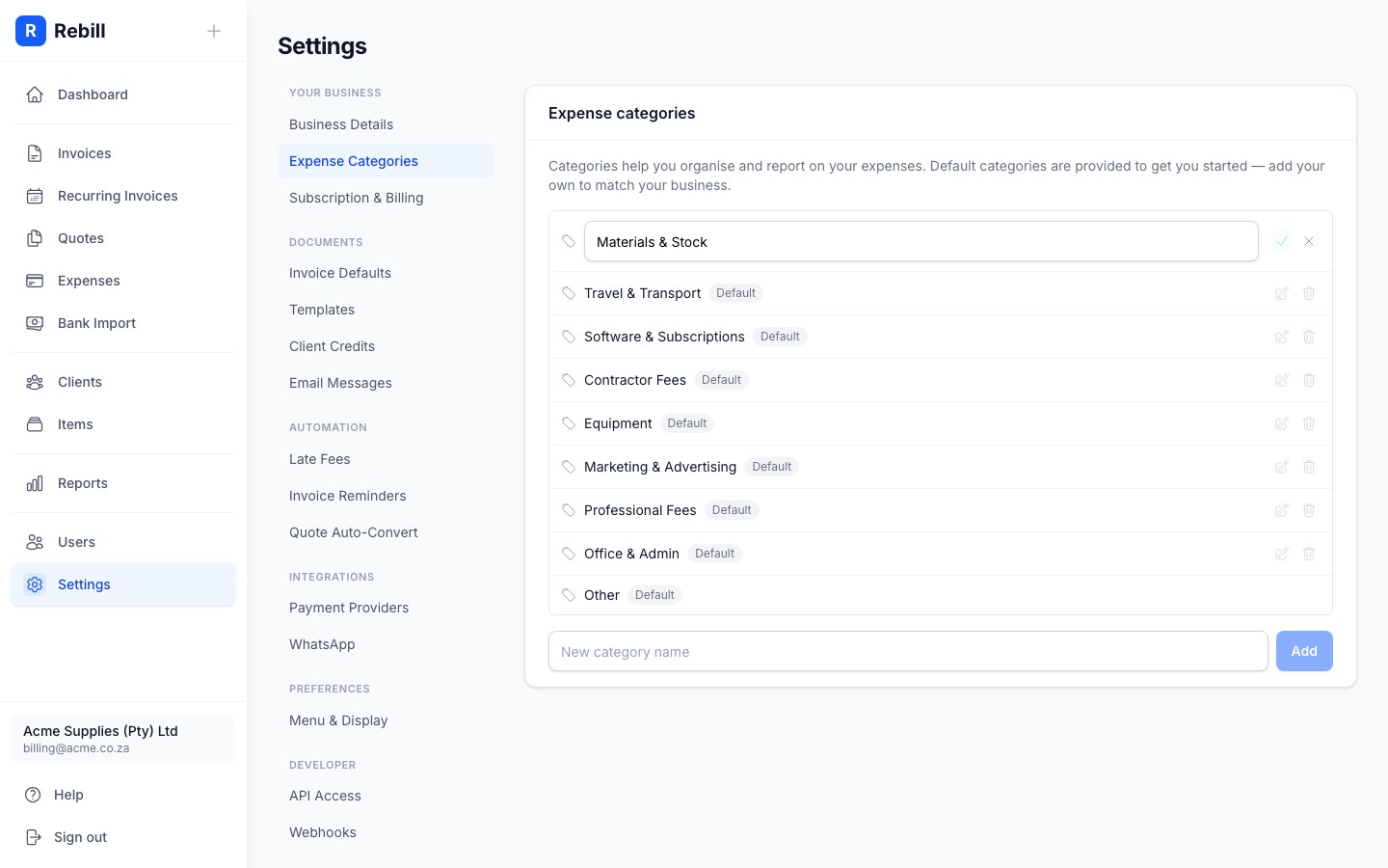 settings expense categories edit
