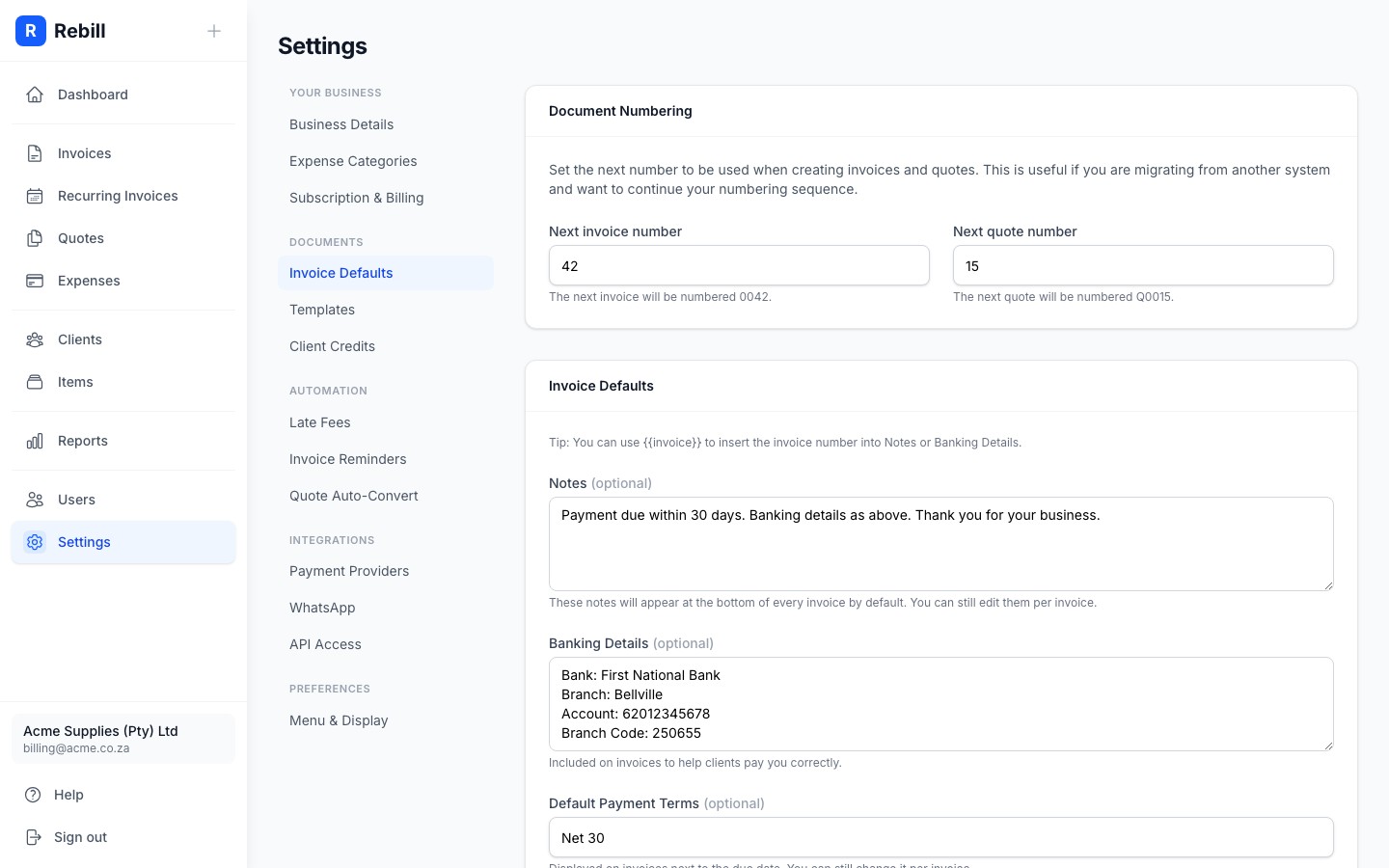 settings invoices tab