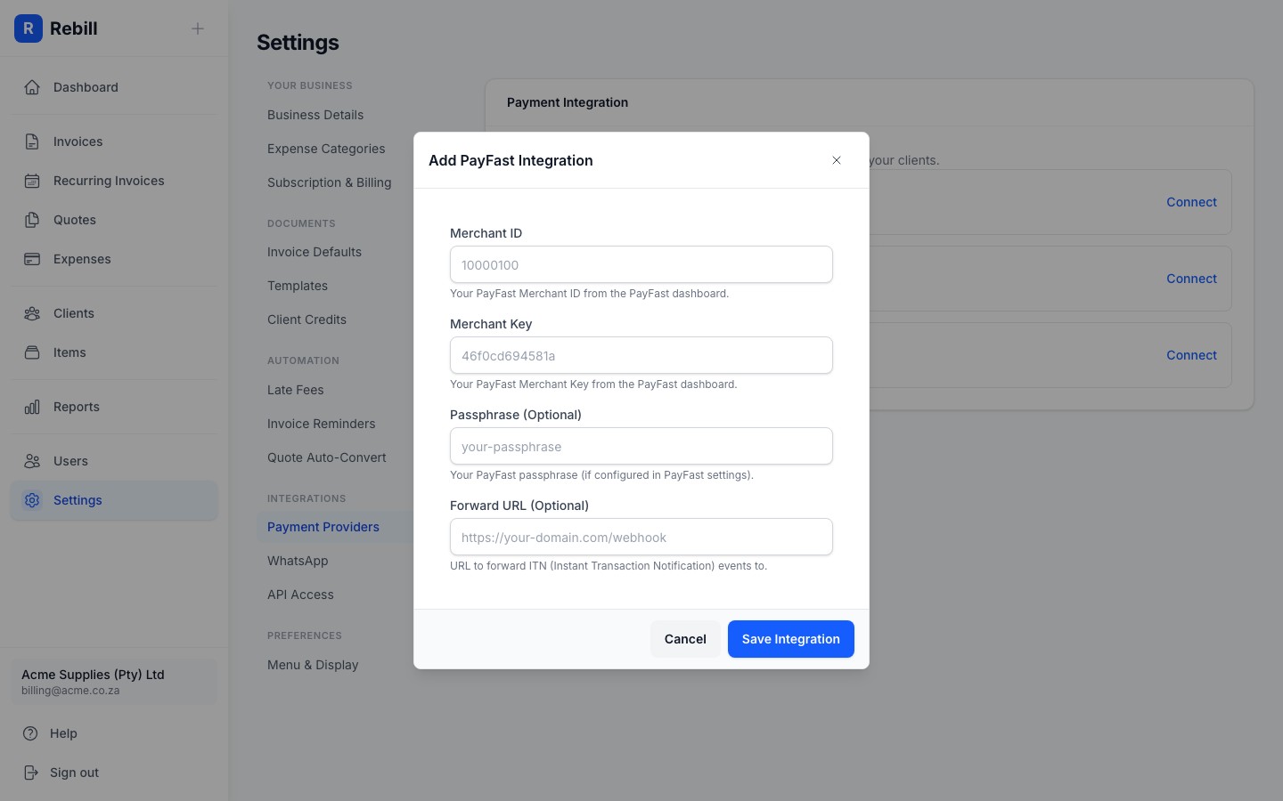 settings payfast form