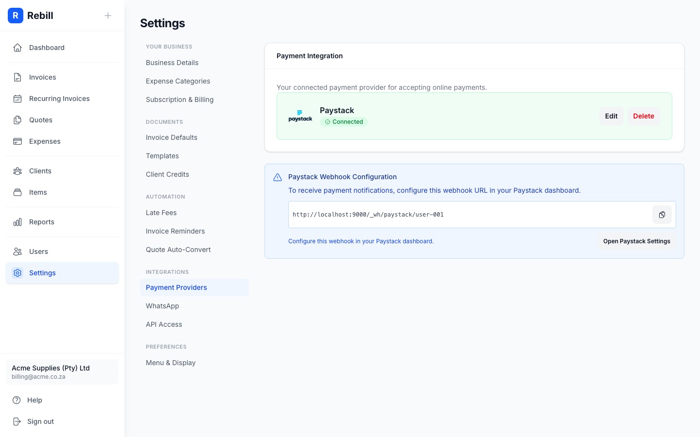 Settings Payment Providers section showing Paystack, Yoco and PayFast configuration