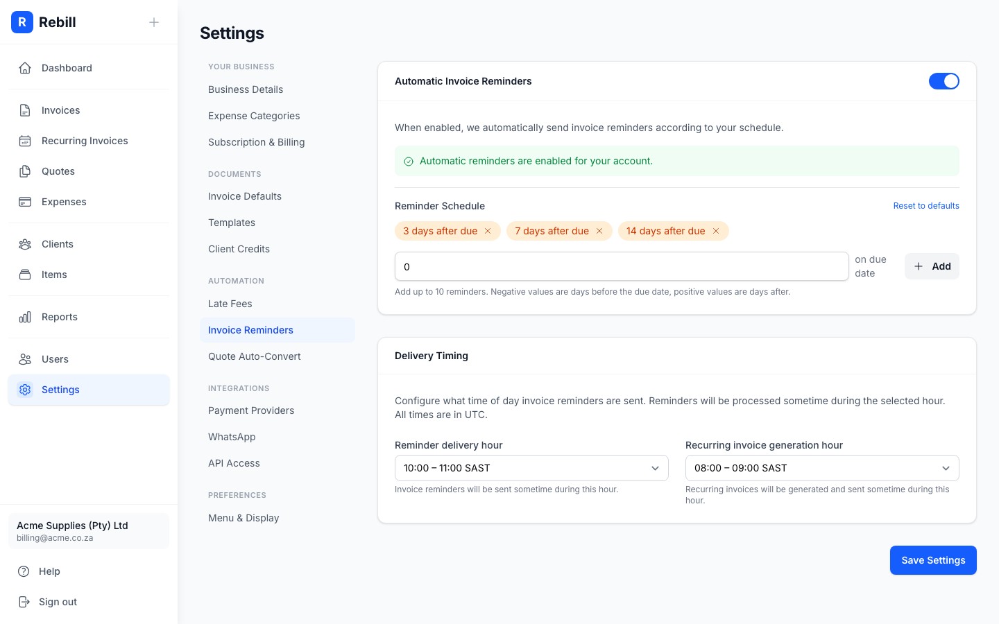 settings reminders delivery timing