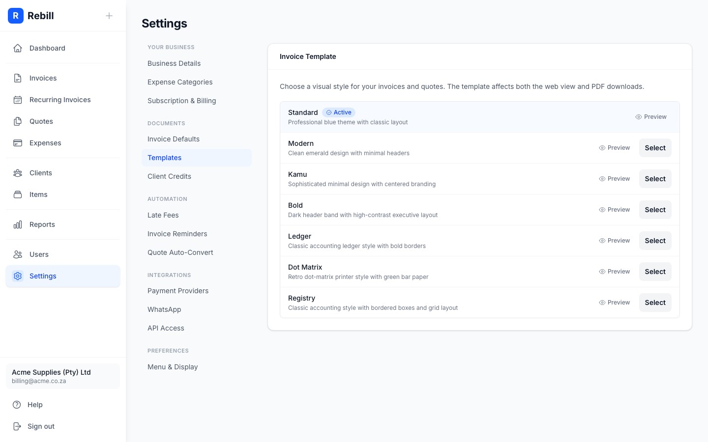 settings templates grid