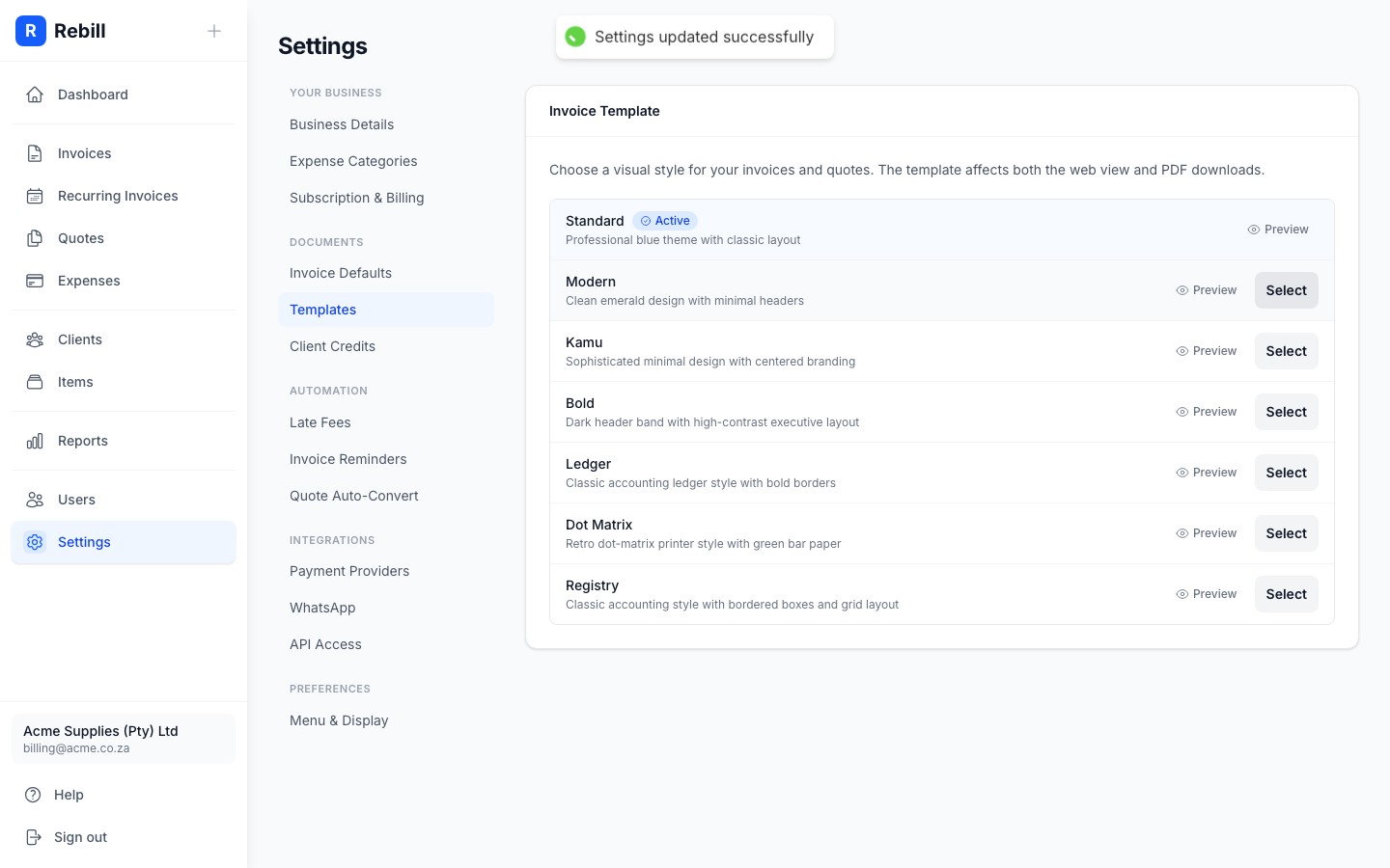 settings templates selected