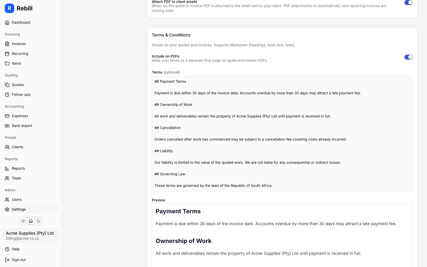 settings terms editor
