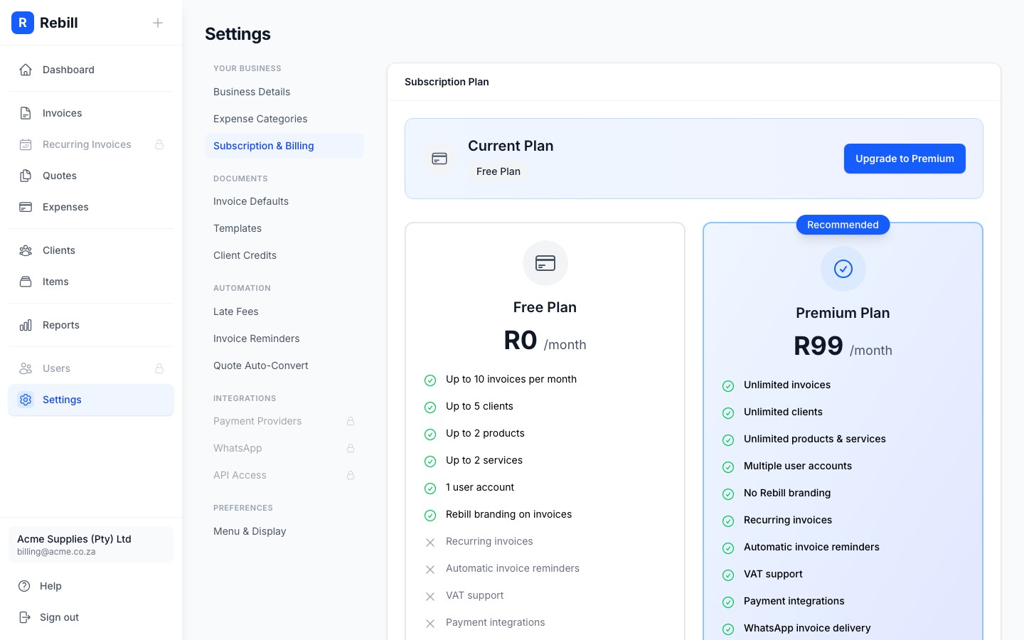 settings upgrade button